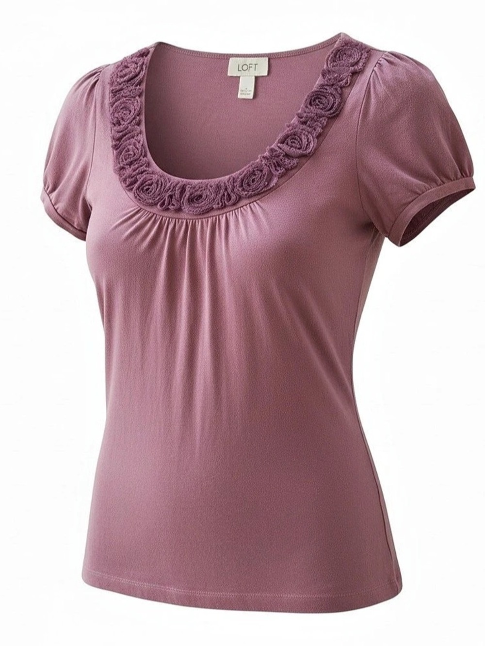 LOFT Y2K Mauve Rosette Floral Scoop Neck Baby Tee Top S